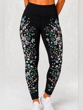 Evolution & Creation Black Multi-Color Floral Hi-Rise Leggings Women Size Medium